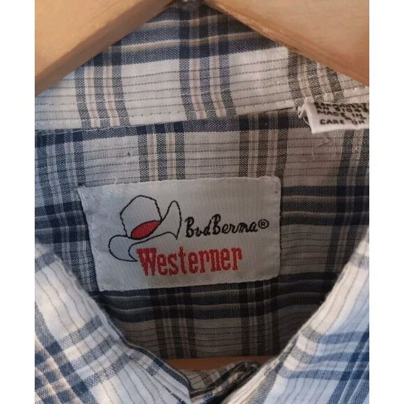 Bud Berma Westerner Shirt Mens Large Blue Plaid Pearl Snap Western - Picture 5 of 8